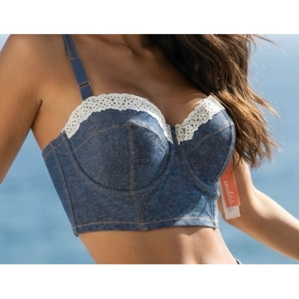 Colsie XL Denim Longline Bustier Crop Top Womens Dark Blue Eyelet Lace Trim